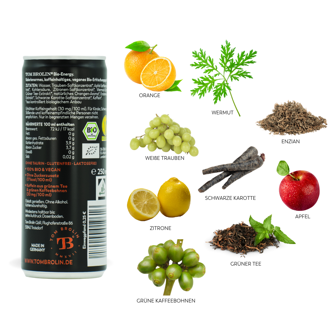 Alle eingesetzten Zutaten in unserem Erfrischungsgetränk TOM BROLIN - ORANGE WERMUT sind zu 100 % BIO & VEGAN.